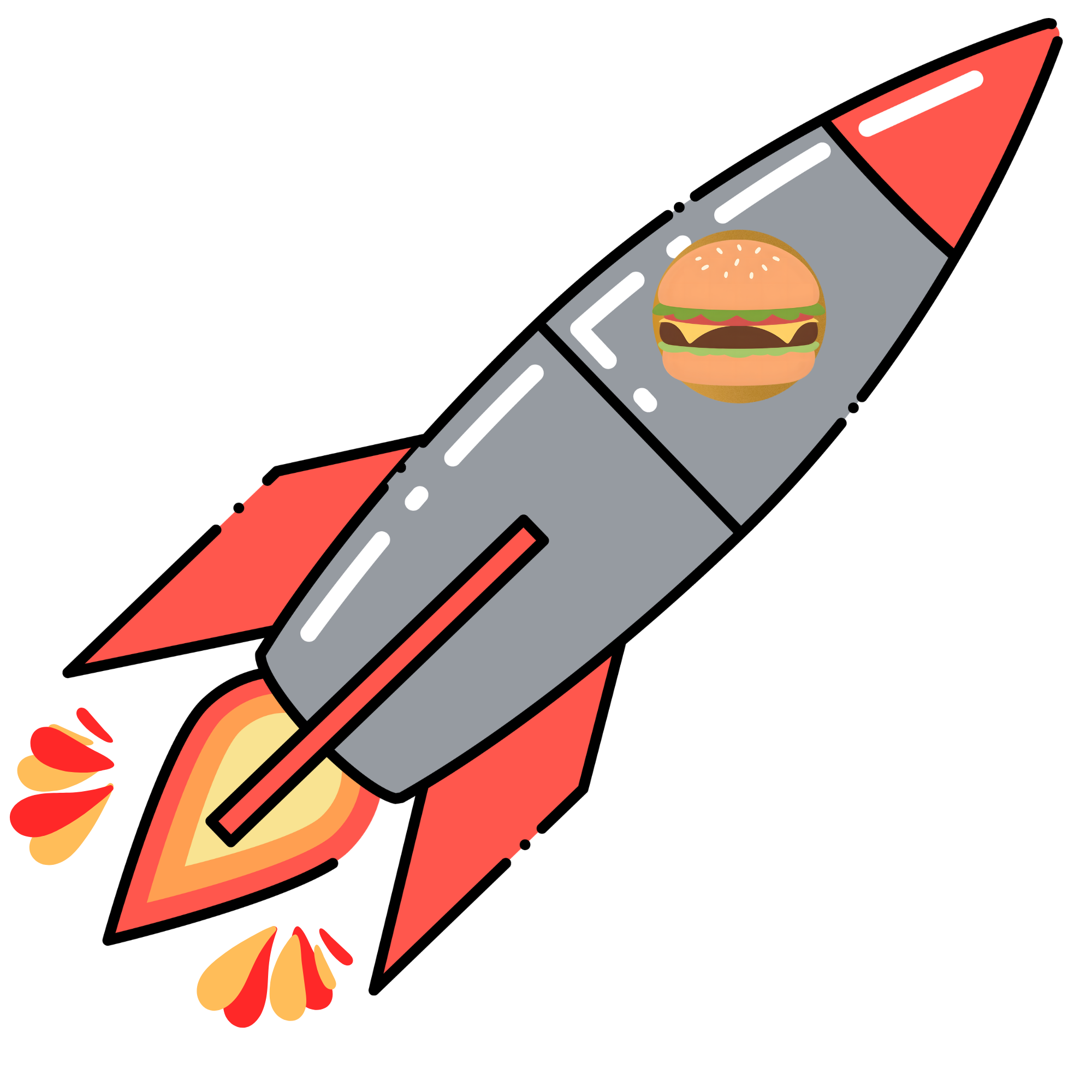 Raket met erop een hamburger en onder de uitlaat sausspetters